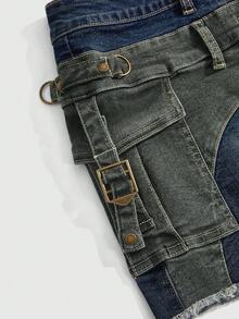 ROMWE Avant Modischer avantgardistischer Denim sexy tief sitzender Minirock mit Doppelgürtel und Cargo-Taschen - Verschiedenfarbig - Übersicht 4