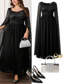 Firerie Plus Size Women Elegant Party Metallic Splice Cape Sleeve Dress - Black - View 1