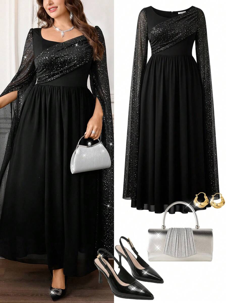 Firerie Plus Size Women Elegant Party Metallic Splice Cape Sleeve Dress - Black - View 1