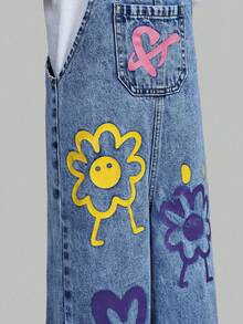 SHEIN ChillGRL 女童花卉、爱心、彩虹涂鸦印花休闲舒适柔软牛仔连体裤 - 中等水洗藍 - 查看 6