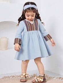 Baby Girls Cute Striped Tassel Long Sleeve Dress, Blue, Spring/Summer - Blue - View 5