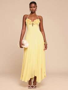 SHEIN BAE Đầm slip màu vàng đính hoa, đầm thanh lịch cho ngày Valentine, đầm vàng, đầm đi nghỉ mát, đầm sinh nhật, đầm dự tiệc - Màu vàng ngỗng - Xem 7