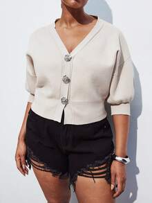 Maija Plus Size Women's Floral Button Drop Shoulder Loose Knit Top Modest Vintage Women Outfit Deas For Old Money Teacher Romantic, Fashion, Versatile; Comfortable, Stylish, Elegant, Casual, Simple Daily Wear, Solid Color Holiday Casual Knit Top, Decent, Single Lady, Elegant Fashion Business Casual Woman Going Out Tops Graduation TeacherWomen Party Top Beach Summer Holiday Beach Vacation Summer Going Out Graduation - Beige - View 6