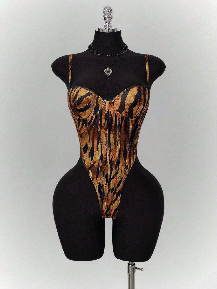 SHEIN ICON 夏季女士西部波西米亚嬉皮哥特风外出科切拉音乐会俱乐部动物纹性感时尚街头别致虎纹高开衩连体衣，夏季 - 彩色 - 查看 1