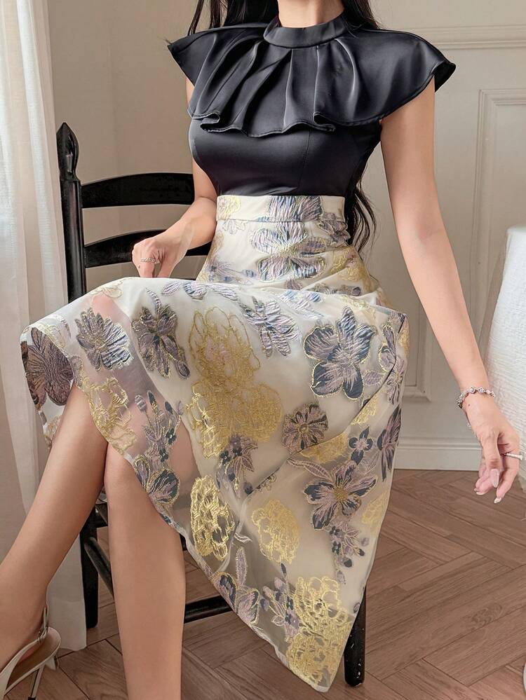 Women's Contrast Color Collar Pleated Ruffle Hem Elegant Dress Sundress Easter Maxi Dress Cocktail Dress
