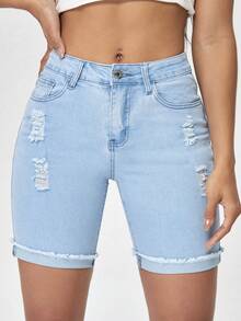 Flexra Quần short denim co giãn dáng rộng dành cho nữ cỡ lớn, thích hợp cho mùa hè. - Rửa nhẹ - Xem 4