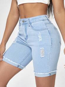 Flexra Quần short denim co giãn dáng rộng dành cho nữ cỡ lớn, thích hợp cho mùa hè. - Rửa nhẹ - Xem 6