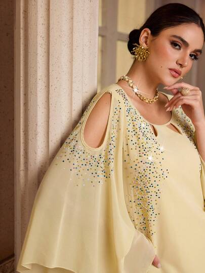 Al Najma Women's Elegant Rhinestone Hollow Out Flare Sleeve Turkish Maxi Dress & Arabic Traditional Abaya Kaftan Jalabiya Dress