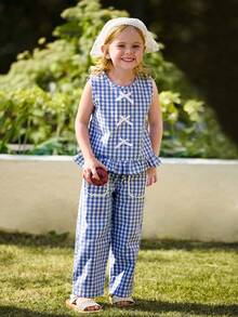 Blossori Set de 2 piezas de top con chaleco y pantalones a cuadros con decoración de moño floral vintage para niñas pequeñas, adecuado para primavera/verano y vacaciones al aire libre - Azul - Ver 6