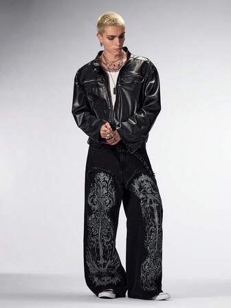 Street Life Men's Dark Skeleton Print Pocket Casual Straight Leg Jeans