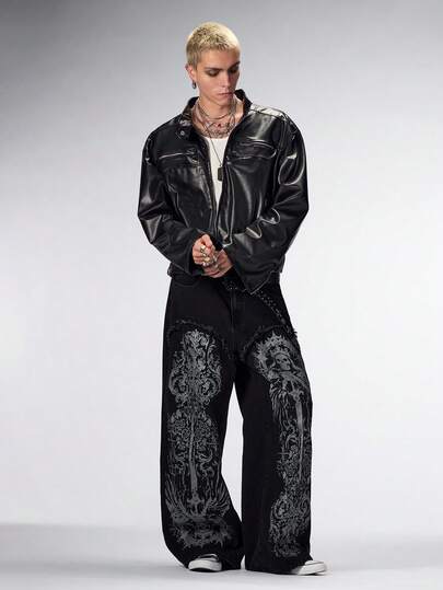 Street Life Jeans rectos casuales con bolsillo e impresión de esqueleto oscuro para hombres