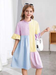 SHEIN 少女度假休闲梭织拼接衬衫裙 - 彩色 - 查看 5