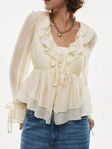 Poéselle 奶油色荷叶边束腰上衣 - 长袖层叠系带前襟上衣，适合田园风和浪漫风，女士优雅通勤纯色荷叶边下摆上衣，法式风格上衣，荷叶边雪纺长袖上衣，田园风和度假风 - 杏色 - 查看 7