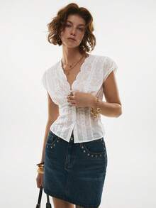 Poéselle 女士时尚法式网纱刺绣纽扣衬衫 - 白色 - 查看 7