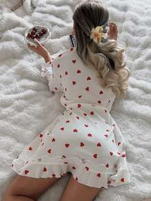 SHEIN Women's Heart Print Ruffle Lace Trim Robe Summer Robe Womens Robe Cute Robes Cute Sleepwear Heart Print Robe