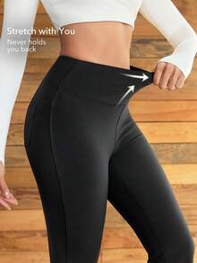 OutZeal 女士柔软保暖磨毛高腰口袋喇叭运动紧身裤秋冬日常休闲款 - 黑色 - 查看 3