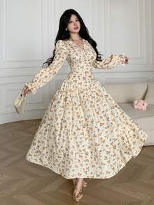 Feyla Elegant Ditsy Floral V-Neck Long Sleeve Dress For Women Yellow French Style Dresses - Multicolor - View 7