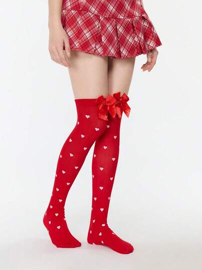 Kawaii 1 coppia di calze al ginocchio da donna con stampa a ossa e decorazione a fiocco