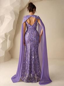 Coutiva A Luxurious And Elegant Full-Length Sequined Dress In Shiny Purple, With Spaghetti Straps, A Fitted Silhouette, A Zipper Closure And A Fishtail Hem, Along With A Large Sequined Chiffon Shawl. It Is Perfect For Parties, Weddings, Festivals And Spring. Luxury Dress Lilac Dress Elegant Gowns Glamorous Dress  Graduation Ceremony, School Opening, Music Festival, Birthday Party, Wedding, Afternoon Tea Gathering, Ball - Purple - View 3