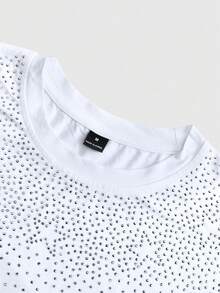 Manfinity Homme 男士休闲宽松短袖T恤，黑色，水钻装饰，宽松廓形，成熟街头风，适合通勤、日常穿着、返校、度假，是送给男友/老公的绝佳礼物，情侣款男士狂欢上衣，男士宽松T恤，水钻上衣，男士水钻十字架衬衫，水钻衬衫 - 白色 - 查看 3