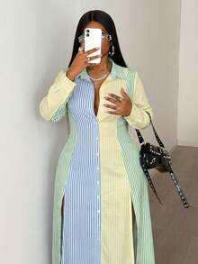 Maweii Vestido Camisa Longo Ajustado de Manga Longa com Fenda, Gola Virada, Botões na Frente, Casual, Xadrez, para Mulheres Plus Size, Primavera/Outono - Multicolorido - Visão 6