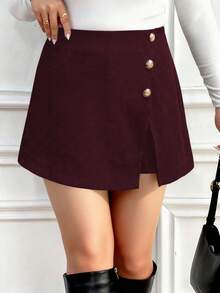 SHEIN LUNE CURVE Plus Size Asymmetric Shorts With Metal Button Decor - Burgundy - View 4