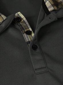 Manfinity Homme Áo Polo nam kiểu dáng thường ngày, họa tiết kẻ caro ghép mảnh, thích hợp cho mùa thu. - Xám - Xem 4