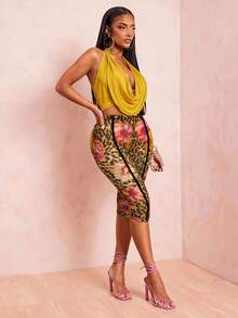 Radiana Bộ 2 món gồm áo croptop không tay cổ xếp ly hở lưng màu vàng mù tạt và quần legging cạp cao dài đến bắp chân họa tiết da báo, phong cách đường phố gợi cảm cho mùa xuân/hè. - Màu Mù tạt vàng - Xem 5