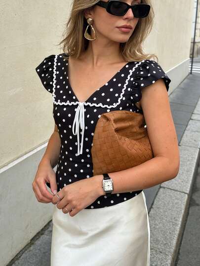 Pariaura 2026 New Women's Polka Dot Shirt Ruffle Puff Sleeve Contrast Color Patchwork Bow Tie Front Shirt Collar Wave Ribbon Trim Zipper Closure Casual Office Commute Vacation Minimalist Blouse