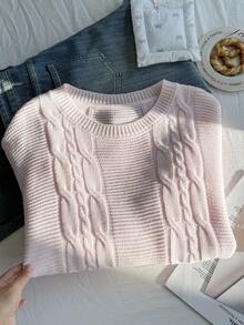 Comfortcana 大码纯色麻花针织扭结休闲长袖套头毛衣，秋冬款 - 粉色 - 查看 7