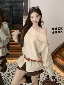 DAZY Blusa a maniche lunghe con spalla asimmetrica, stile coreano, colore unito, look femminile e fresco, scollo a spalla scoperta per donna - Albicocca - Visualizzare 8