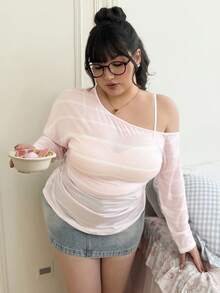 CovetEZ 大码女装，西式女装，休闲斜肩半透明长袖T恤，黑色 - 淺粉色 - 查看 6