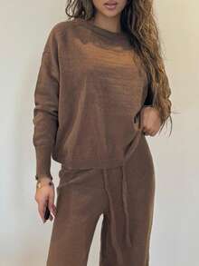 RebeccaVibe Brown Sweater Fall Women Clothes Old Money Autumn Women's Solid Color Round Neck Raglan Sleeve Long Sleeve Sweater And Drawstring Waist Knit Pants Casual Suit Brown Two Piece Set Comfortable Two Piece Set, - Camel - View 4