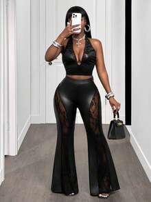 SHEIN BamGlam Damen neue sexy PU-Leder Patchwork Spitze transparente Hose mit hoher Taille, weite Beine, lange Hose, modisch und sexy - Schwarz - Übersicht 5