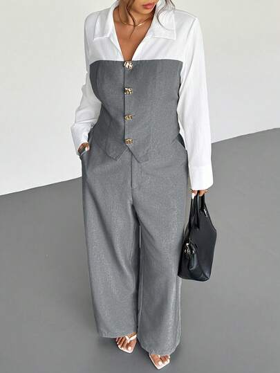 Firerie 加大码杏色仿亚麻拼接衬衫和宽松直筒西装裤两件套，休闲优雅，适合通勤、教学、返校、商务休闲办公穿着。