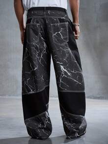 ROMWE MEN Street Life Men's Lightning Print Patchwork Straight Leg Jeans - Black - View 4