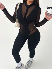 Core Rhythm 女士黑色网眼拼接运动连体衣