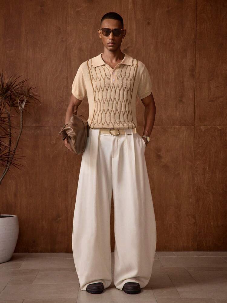 AKNOTIC Brand - Men's Geometric Pattern Short Sleeve Knit Top Men's Knitted Polo Shirt Men's Patterned Knit Shirt Men's Buttoned Knit Polo Men's Short Sleeve Knit Polo Men's Textured Knit Polo Men Buttoned Knitted Polo Men's Mesh Shirt Open Knit Shirt Men Men's Crochet Shirt