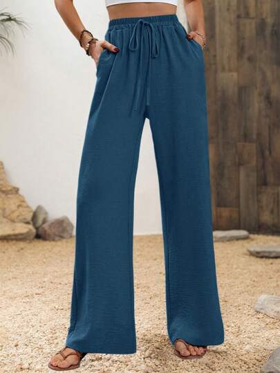 SHEIN PETITE Women's Bohemian Style Elastic Waist Straight Leg Pocket Pants, Suitable For Beach, Vacation, Summer Wide Leg Sweatpants Vacation Pants Woman Elastic Waist Pants Flare Sweat Pants Drawstring Pants