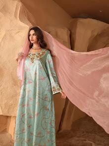 Al Najma 优雅奢华的甜心领串珠喇叭袖连衣裙，春夏款 - 彩色 - 查看 4