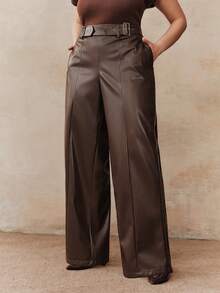 Anewsta Plus Size Coffee Color Fashionable Commuter Wide Leg Pants, Autumn/Winter - Coffee Brown - View 4