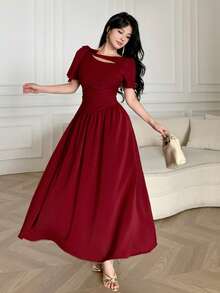 New Arrival French Style Hollow Collar Tie Waist Ruched Elegant Dress - Burgundy - View 5