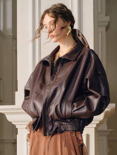 Anewsta Women's Solid Color Long Sleeve Zipper Collar Pocket PU Leather Casual Jacket