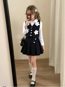 Genkimix Kids Girls' School Style White Long Sleeve Shirt Paired With Black Vest Featuring 4 Handmade Pleats, Inverted Triangle Patch, And 2 Button Closure Vest With 6 Dimensional Flowers, School Uniform Set, Back To School, All Season - Black - View 2