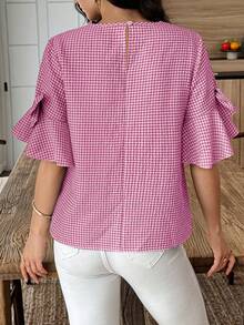 Elouméa 女士格子圆领蝴蝶结装饰喇叭袖时尚衬衫 - 玫紅色 - 查看 2