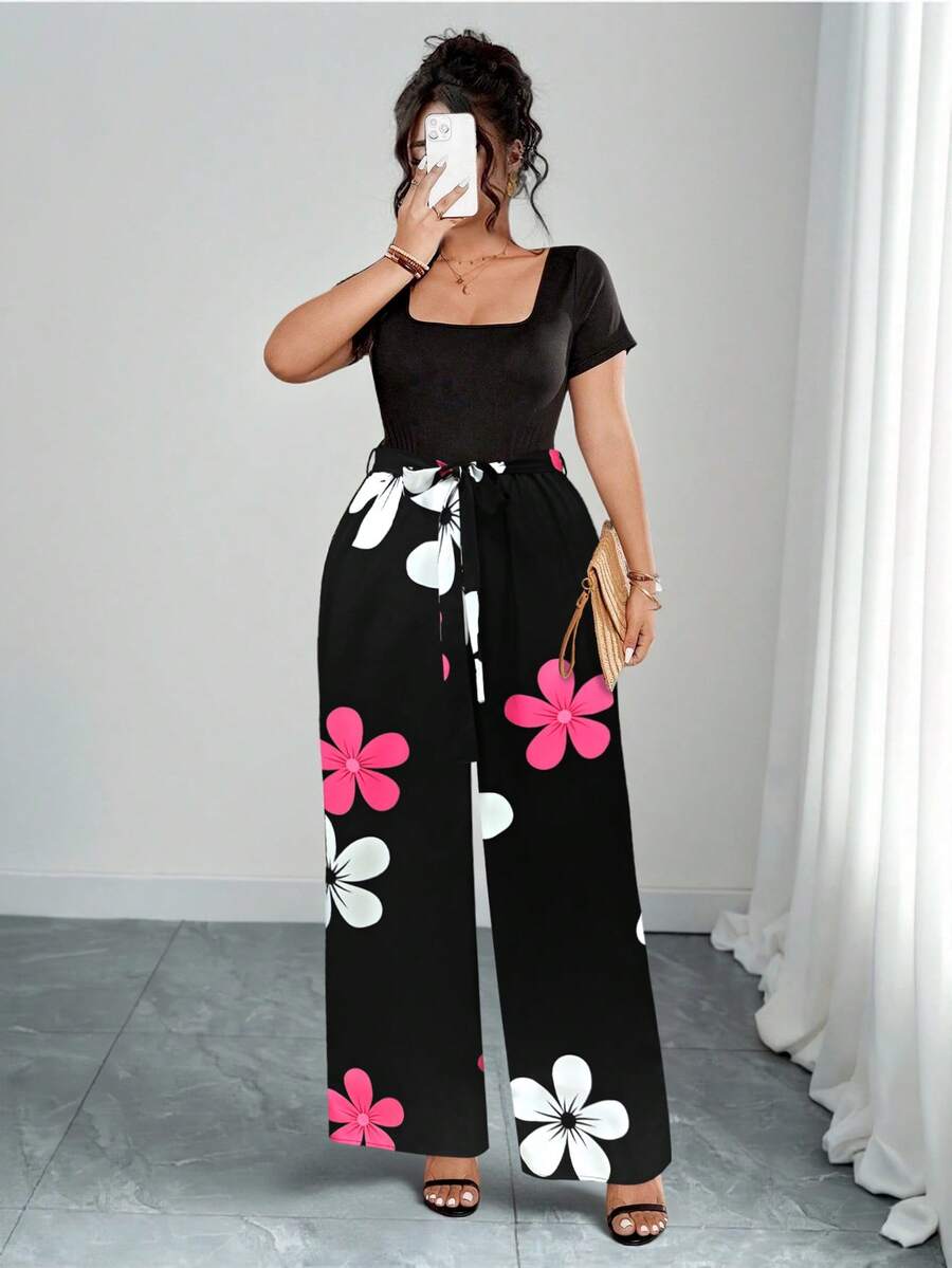 SHEIN Tall 大码女式印花方领短袖阔腿连体裤 - 黑色 - 查看 1