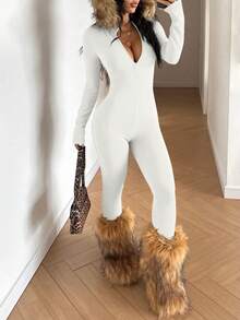 StreetHx Streetwear Women's Thermal Lined Slim Fit Long Sleeve Jumpsuit, Autumn/Winter - White - View 7