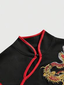 ROMWE Avant Blusa de estilo chino nuevo para mujer con bordado de dragón, patrón de pintura china y bordado, cheongsam mejorado - Negro - Ver 4