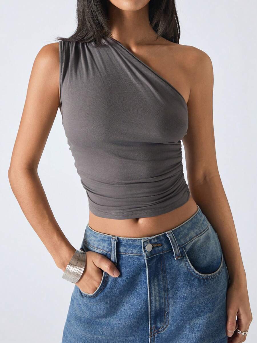 SHEIN EZwear 夏季单肩纯色Y2K时尚褶皱露脐上衣