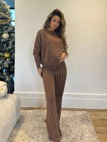 RebeccaVibe Brown Sweater Fall Women Clothes Old Money Autumn Women's Solid Color Round Neck Raglan Sleeve Long Sleeve Sweater And Drawstring Waist Knit Pants Casual Suit Brown Two Piece Set Comfortable Two Piece Set, - Camel - View 1